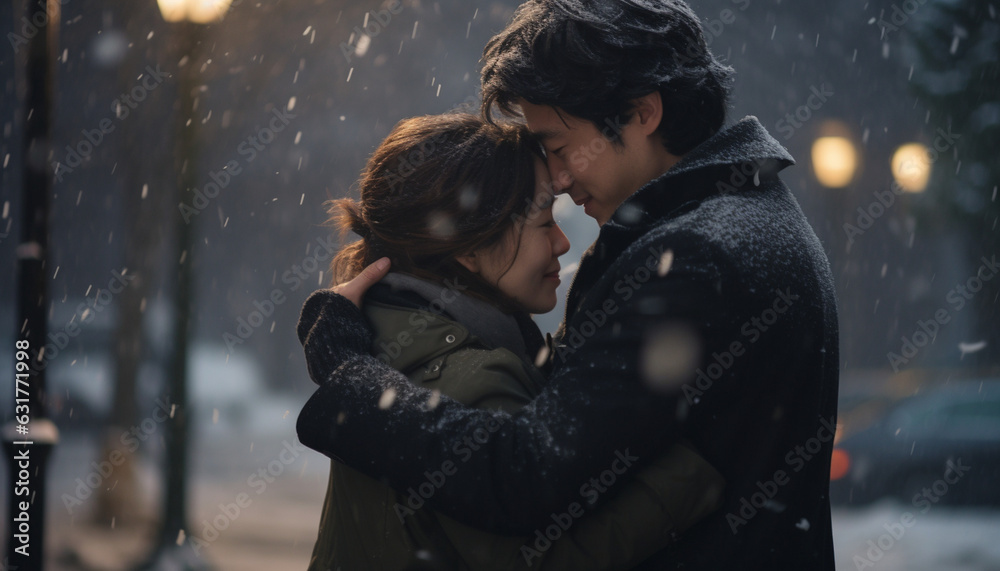 A middle-aged couple in their 40s embracing in the snow