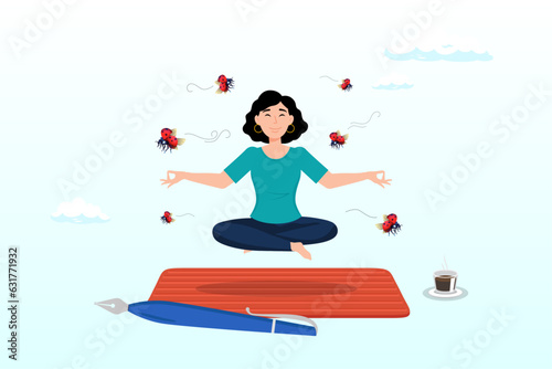 Calm businesswoman meditate and concentrate on work in the middle of distractions, stay focused in work and ignore distractions, concentration or meditation to motivate aiming for target (Vector)