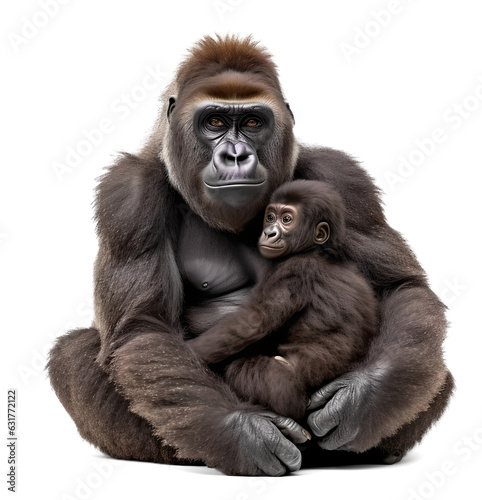 gorilla mother and cute baby infant family on isolated background