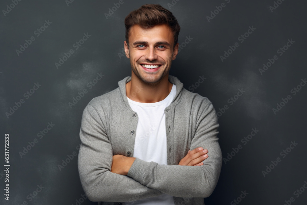 Portrait of handsome smiling young man with folded arms, Laughing joyful cheerful men with crossed hands studio shot, Isolated on gray background
