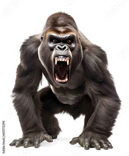 silverback gorilla looking scary dangerous with mouth open on isolated background photo