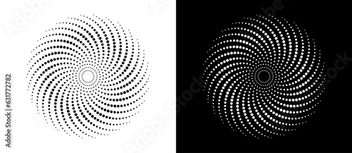 Modern abstract background. Halftone dots in circle form. Round logo. Black shape on a white background and the same white shape on the black side.