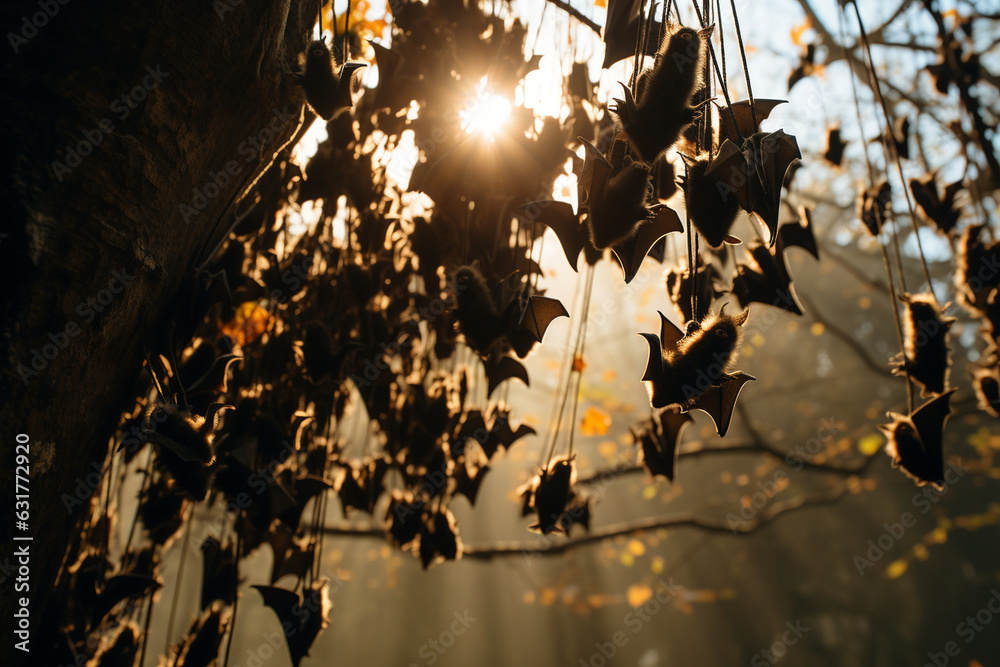 shot of a bat colony hanging upside down from tree branches, displaying ...