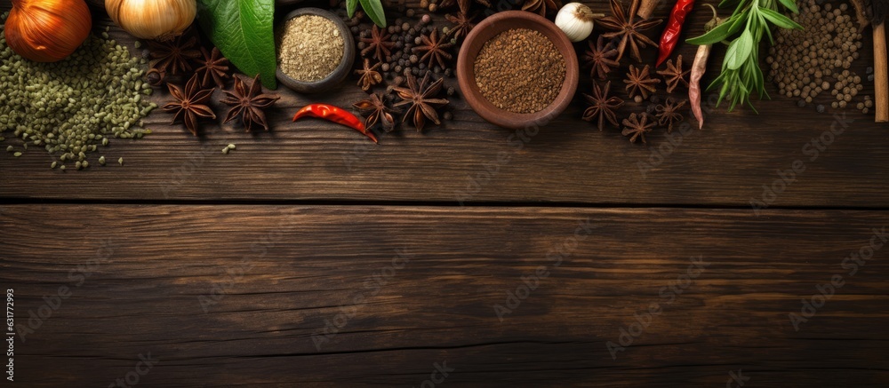 Herbs and spices on a wooden background, viewed from the top with space for text.