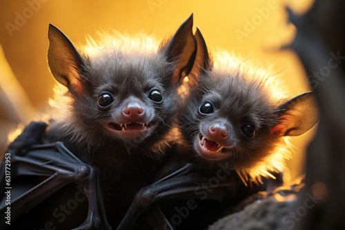heartwarming shot of young bats playfully interacting with each other, showcasing their social behaviors Generative AI