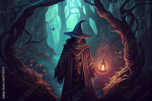 Abstract witch in a scary dark forest, halloween concept. Digital art painting for book illustration,background wallpaper, concept art.