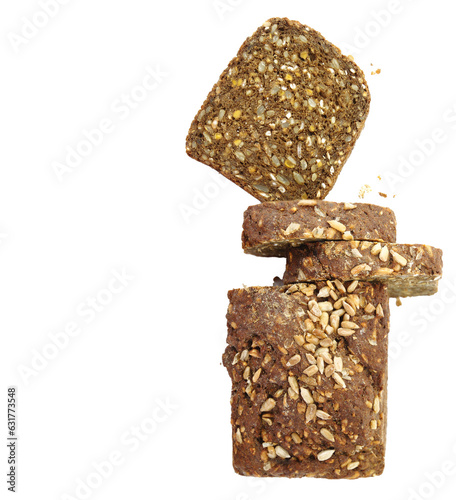 Multigrain bread slices stack isolated on transparent white background, PNG