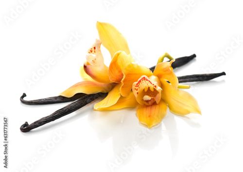 Vanilla flowers and pods close up. Vanilla beans isolated on white background, aromatic condiments, aromatherapy.   photo