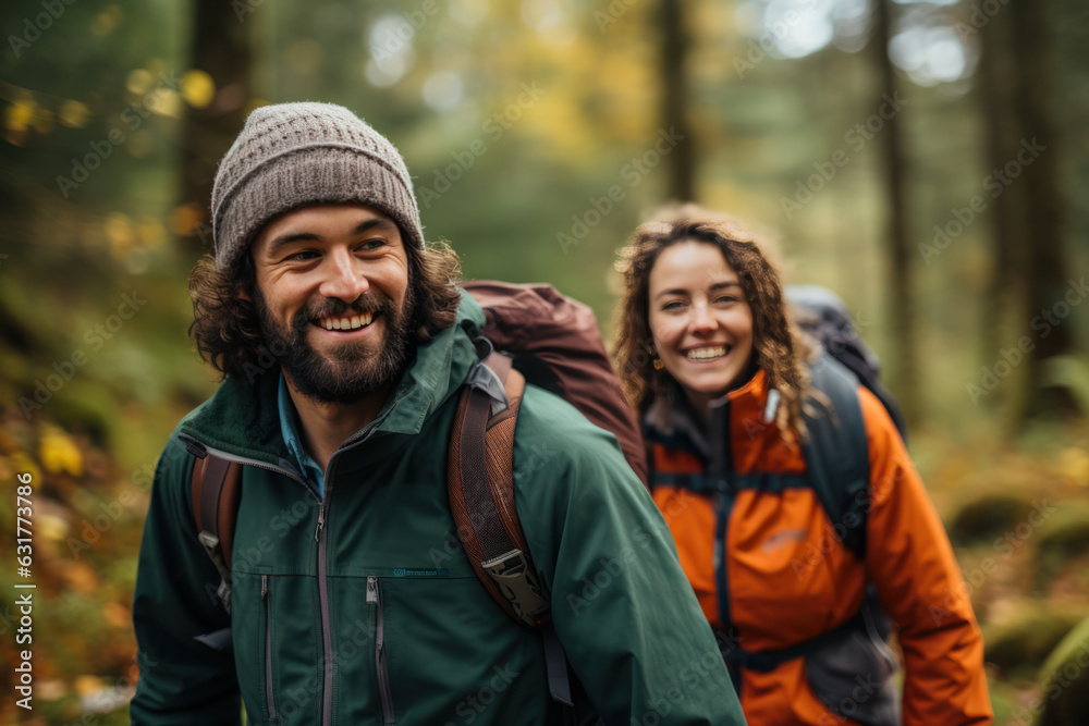 Into the Woods: Smiling Pair in Stylish Hiking Attire, Backpacks Ready for Forest Adventure - Nature, Hiking, Forest, Couple, Smiles, Exploration, Outdoors, Hike, Adventure, Backpacks Into the Woods: Smiling Pair in Stylish Hiking Attire, Backpacks Ready for Forest Adventure - Nature, Hiking, Forest, Couple, Smiles, Exploration, Outdoors, Hike, Adventure, Backpacks