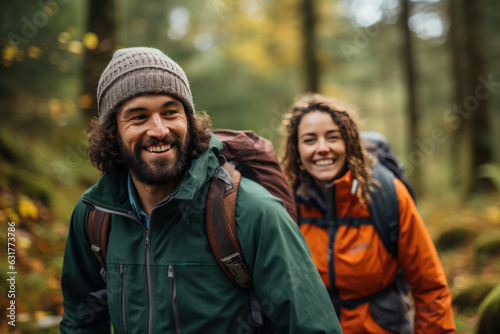 Into the Woods  Smiling Pair in Stylish Hiking Attire  Backpacks Ready for Forest Adventure - Nature  Hiking  Forest  Couple  Smiles  Exploration  Outdoors  Hike  Adventure  Backpacks