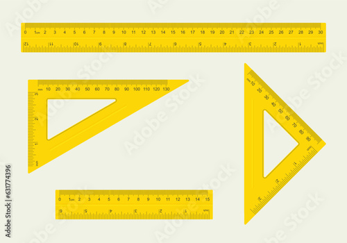 Set of different type of ruler, yellow ruler with measure in centimeters, inches and millimeters.