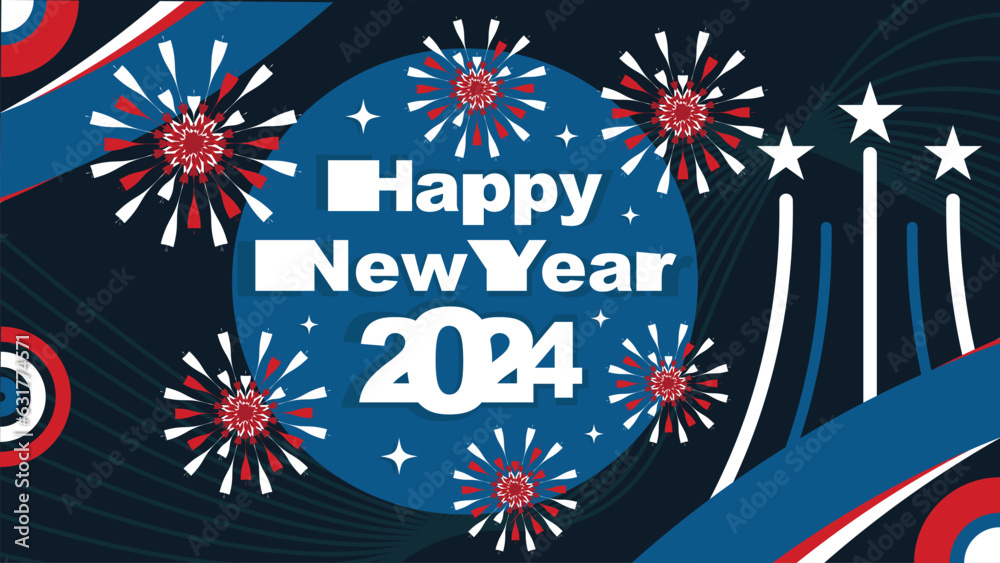 Obraz premium Happy new year 2024 vector banner design. 2024 new year modern minimal poster illustration background. Geometric shape vibrant colors greeting card.