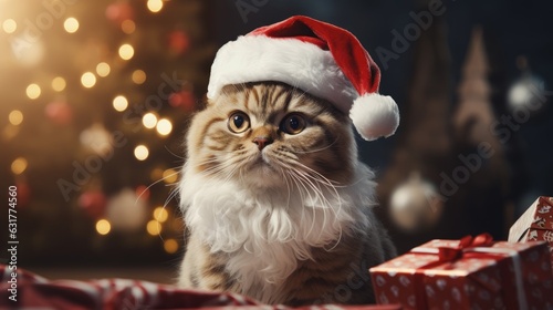 The cat is dressed like Santa Claus and wears red Santa hats. The Christmas tree and gifts can be seen in the background 