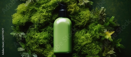 A bottle of green shampoo, soap, and conditioner is placed on a green moss background. This biophilic design includes a top view with copy space and a blank label for a mock-up. 