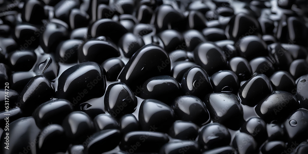 Obraz premium Banner with wet black stones, bright poster cover, filled background with black stones