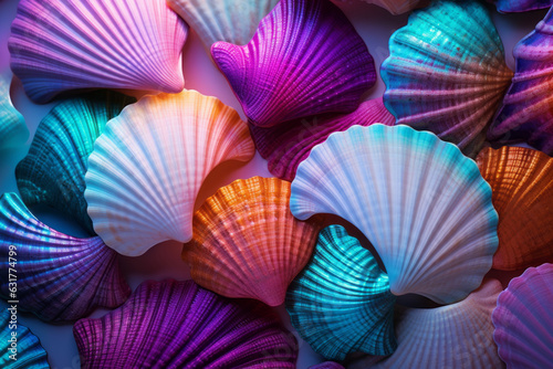 Seashells on abstract spectrum neon colors. Summer trendy colorful concept. Iridescent, holographic gradient, soft pastel colors backdrop. Generative AI.