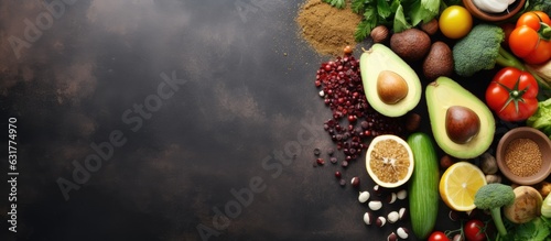 A background of vegetarian food with organic ingredients for healthy vegan nutrition is shown on a stone table, as seen from the top view. provides ample copy space.