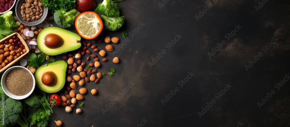 Healthy vegan food displayed on a gray background with enough space for additional content. The selection includes superfoods such as nuts, beans, greens, and seeds.