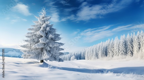 Panoramic Nature Winter background with snowy pine tree Generative AI © Suleyman