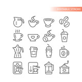 Coffee cup, maker line vector icons. Cafe, coffee to go and french press icon set.