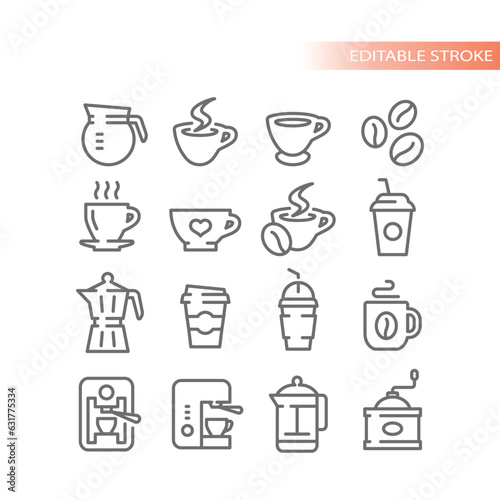 Coffee cup, maker line vector icons. Cafe, coffee to go and french press icon set.