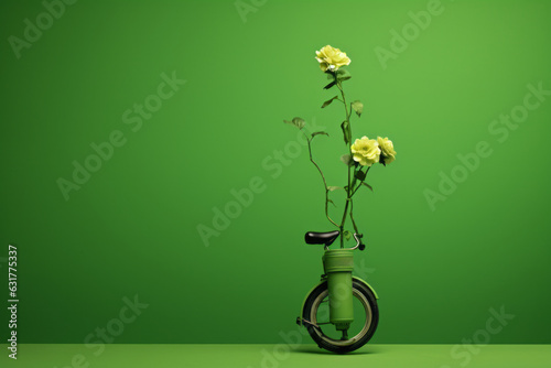 A vase with one branch of a rose is riding a unicycle. Surreal, oneiric composition in biohazard green color. Post minimalism. Generative AI.