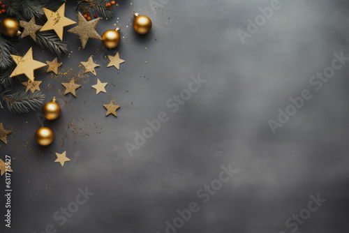 Christmas and New Year holiday background. Xmas greeting card. Golden Christmas decoration. Noel. Top view. Flat lay. Generative AI.