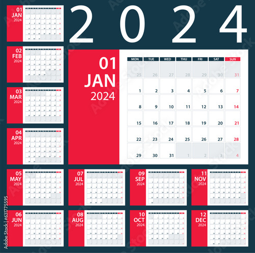 2024 Calendar Planner - vector illustration. Template. Mock up