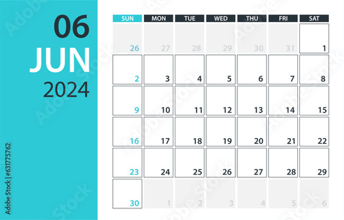 June 2024 Calendar Planner - vector illustration. Template. Mock up