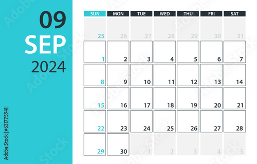 September 2024 Calendar Planner - vector illustration. Template. Mock up