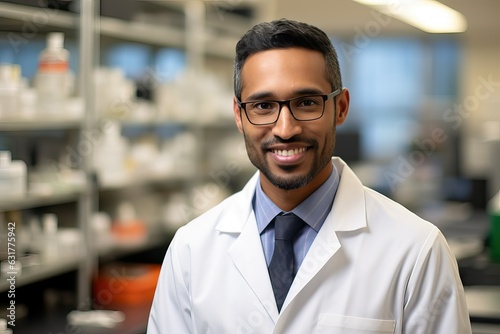 Male Indian Biotechnologist smiling at the camera, Molecular Biology Genetic engineering scientist