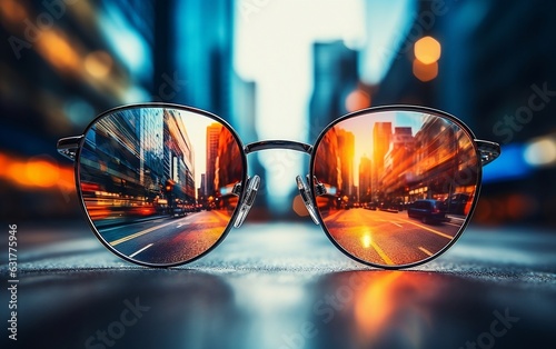 Eyeglasses on an Abstract City Background, Generative Ai