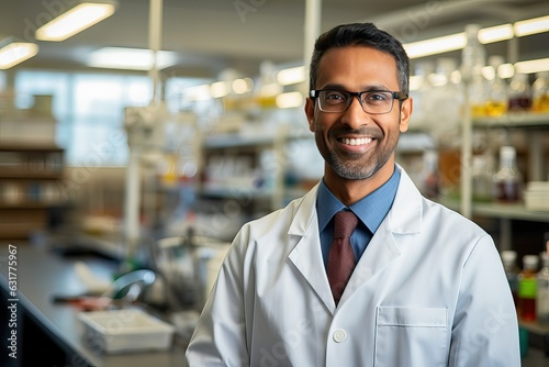 Male Indian Biotechnologist smiling at the camera  Molecular Biology Genetic engineering scientist