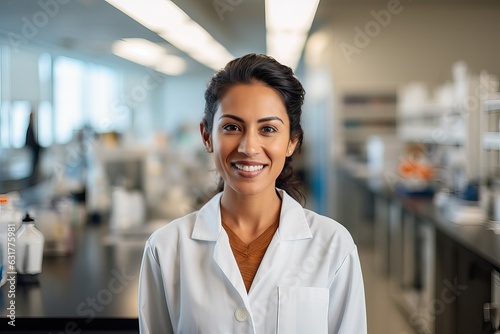 Indian Female Biotechnologist smiling at the camera, Women in STEM feminism female scientist empowerment, molecular biology genetic engineering scientist
