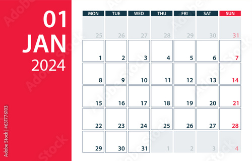 January 2024 Calendar Planner - vector illustration. Template. Mock up