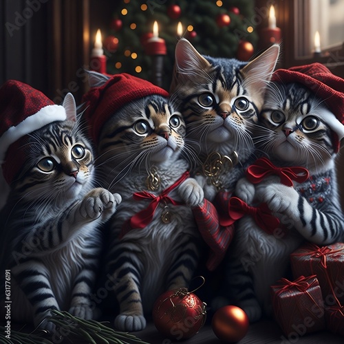 Cute Cats Celebrating Merry Christmas Party, Cat in Christmas