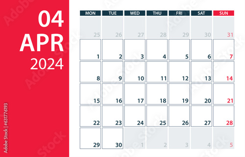 April 2024 Calendar Planner - vector illustration. Template. Mock up
