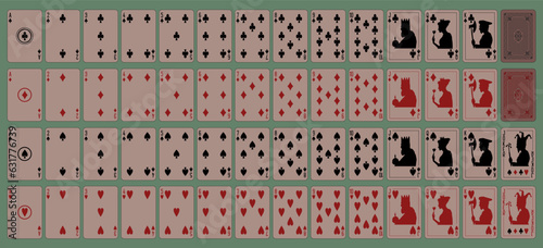 Playing cards for gambling (poker, bridge), a complete deck of 52 cards plus two. Ace, King, Queen, Jack and Joker and 4 suits spades, hearts, diamonds, clubs. Vintage old paper pastel tones.