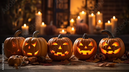 Carved jack-o'-lanterns with flickering candles, Halloween Generative AI