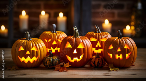 Carved jack-o'-lanterns with flickering candles, Halloween Generative AI