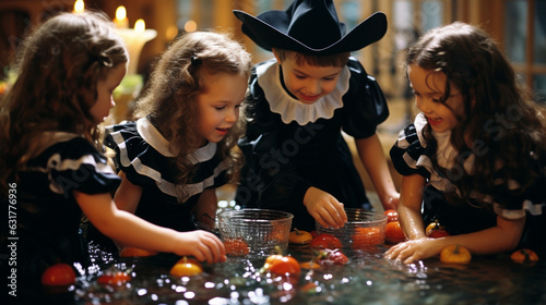 Fotografia Children bobbing for apples at a Halloween party, Halloween Generative AI