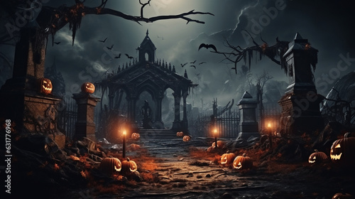 Haunted graveyard with tombstones and creepy decorations, Halloween Generative AI