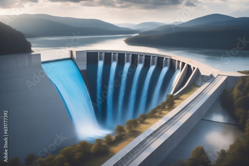 Stilisiertes Wasserkraftwerk in den Farben blau, grau und weiss. photo