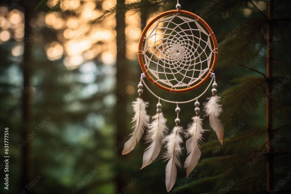  Handmade dream catcher with feathers threads and beads rope hanging in forest


