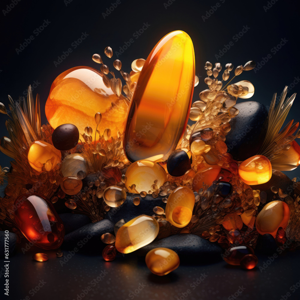 Beautiful composition of stones, amber and pebbles,