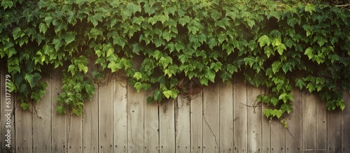 Beige background with an old wooden fence covered in overgrown ivy. space for text. The fence is painted and weathered, and there are climbing green ivy plants.,