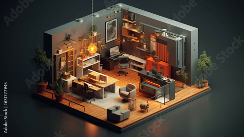 3D isometric view of the futuristic workspace