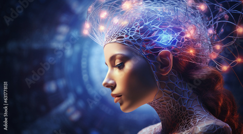the image depicts a futuristic human head made of a network of interconnected wires and circuits that emit a faint blue light, representing the complexity and vitality of artificial intelligence.