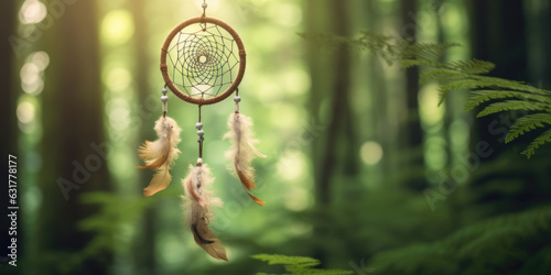  Handmade dream catcher with feathers threads and beads rope hanging in forest