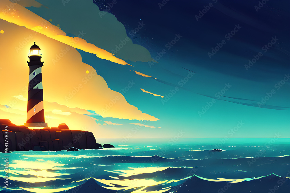 Landscape of lighthouse with sunset. Generative AI